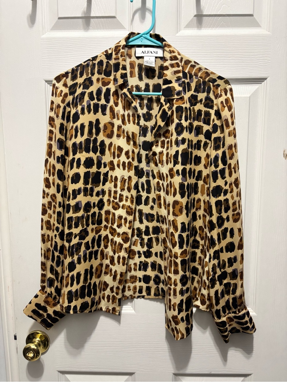 Alfani 100% Silk Giraffe Print Button-Front Blouse in Tan, Black & Brown